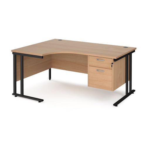 Maestro 25 left hand ergonomic corner desk with 2 drawer pedestal Desking Dams Beech Black 1600mm x 1200mm