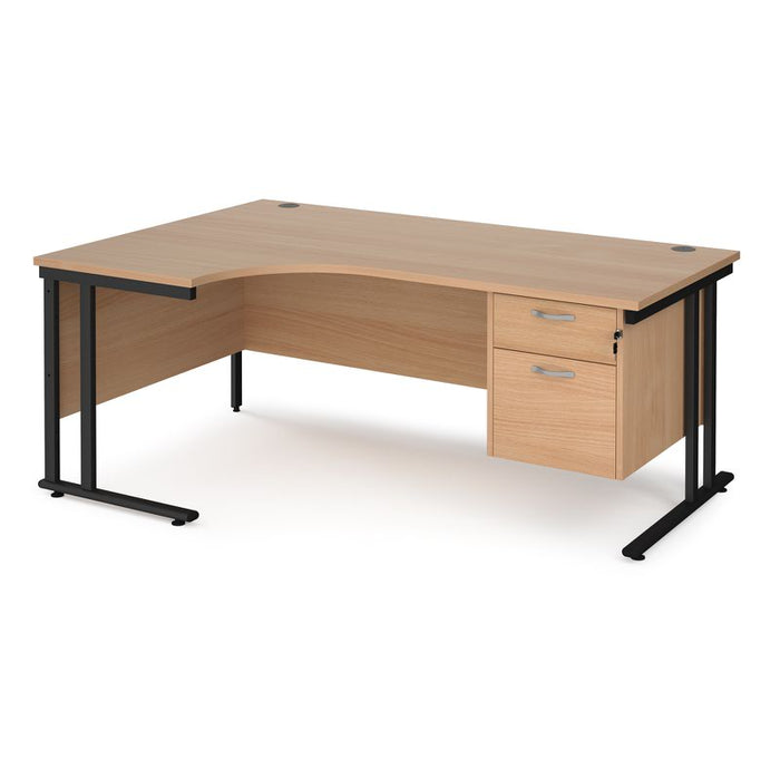 Maestro 25 left hand ergonomic corner desk with 2 drawer pedestal Desking Dams Beech Black 1800mm x 1200mm