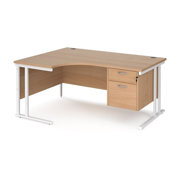 Maestro 25 left hand ergonomic corner desk with 2 drawer pedestal Desking Dams Beech White 1600mm x 1200mm