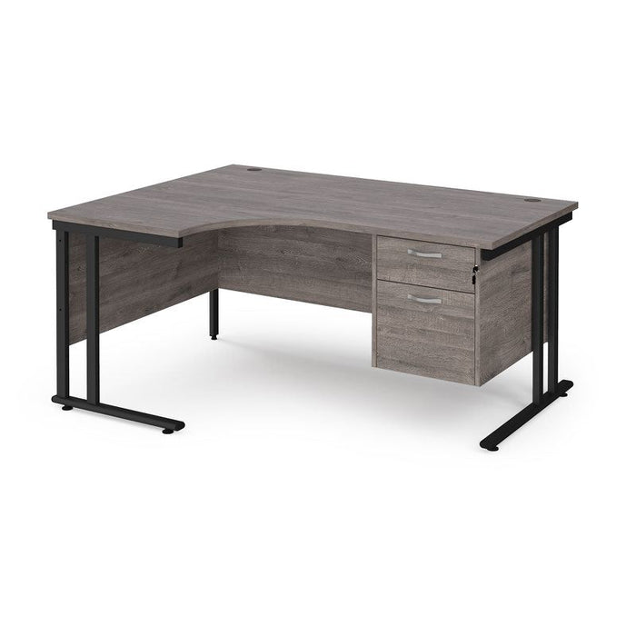 Maestro 25 left hand ergonomic corner desk with 2 drawer pedestal Desking Dams Grey Oak Black 1600mm x 1200mm