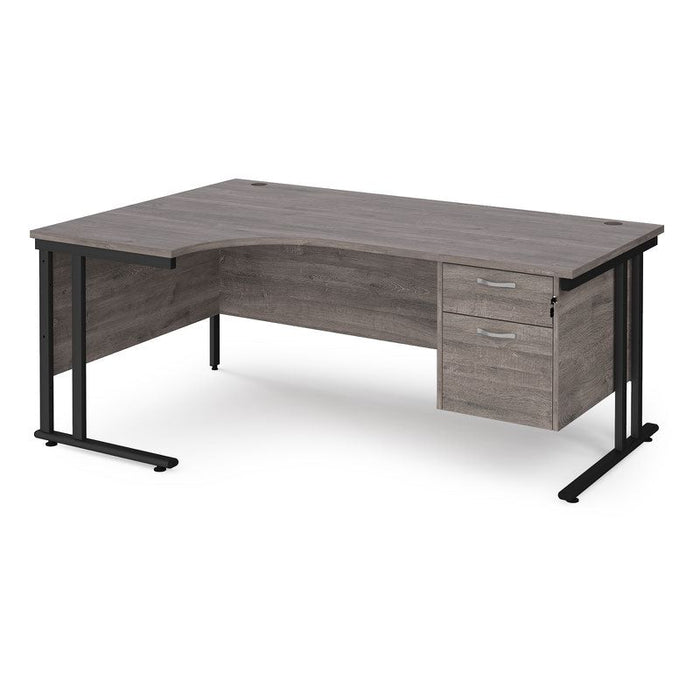 Maestro 25 left hand ergonomic corner desk with 2 drawer pedestal Desking Dams Grey Oak Black 1800mm x 1200mm