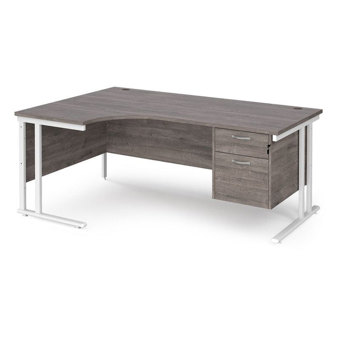 Maestro 25 left hand ergonomic corner desk with 2 drawer pedestal Desking Dams Grey Oak White 1800mm x 1200mm