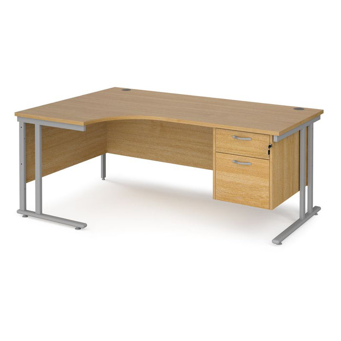 Maestro 25 left hand ergonomic corner desk with 2 drawer pedestal Desking Dams Oak Silver 1800mm x 1200mm