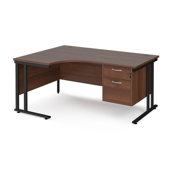 Maestro 25 left hand ergonomic corner desk with 2 drawer pedestal Desking Dams Walnut Black 1600mm x 1200mm