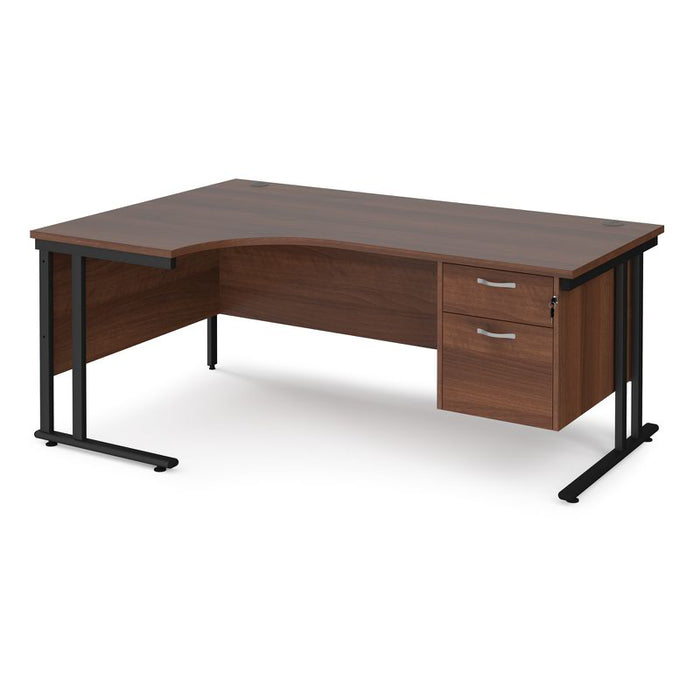 Maestro 25 left hand ergonomic corner desk with 2 drawer pedestal Desking Dams Walnut Black 1800mm x 1200mm
