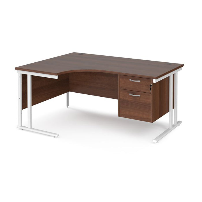 Maestro 25 left hand ergonomic corner desk with 2 drawer pedestal Desking Dams Walnut White 1600mm x 1200mm