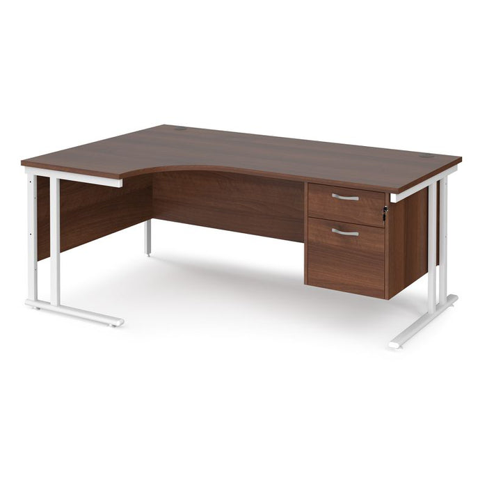 Maestro 25 left hand ergonomic corner desk with 2 drawer pedestal Desking Dams Walnut White 1800mm x 1200mm