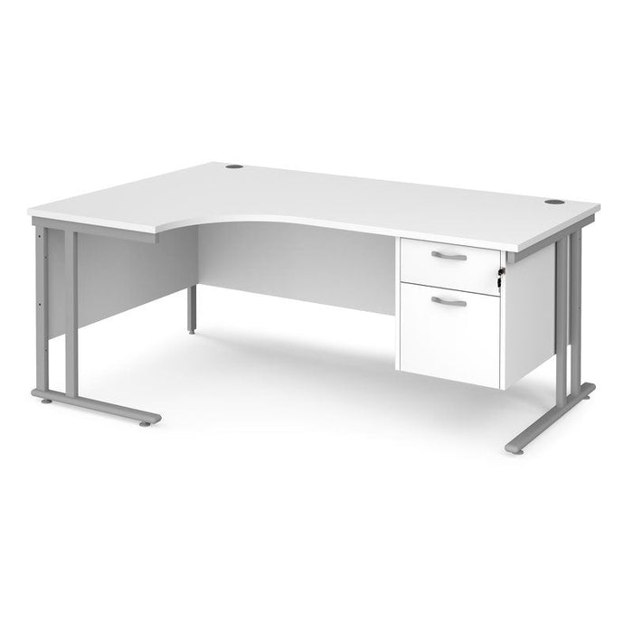 Maestro 25 left hand ergonomic corner desk with 2 drawer pedestal Desking Dams White Silver 1800mm x 1200mm