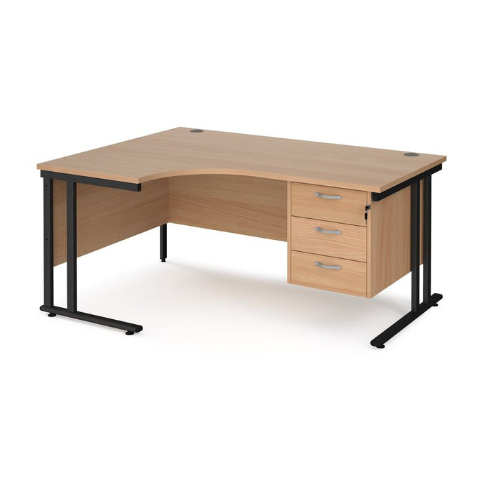 Maestro 25 left hand ergonomic corner desk with 3 drawer pedestal Desking Dams Beech Black 1600mm x 1200mm