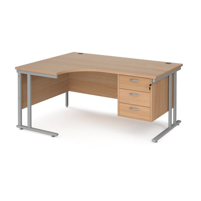 Maestro 25 left hand ergonomic corner desk with 3 drawer pedestal Desking Dams Beech Silver 1600mm x 1200mm