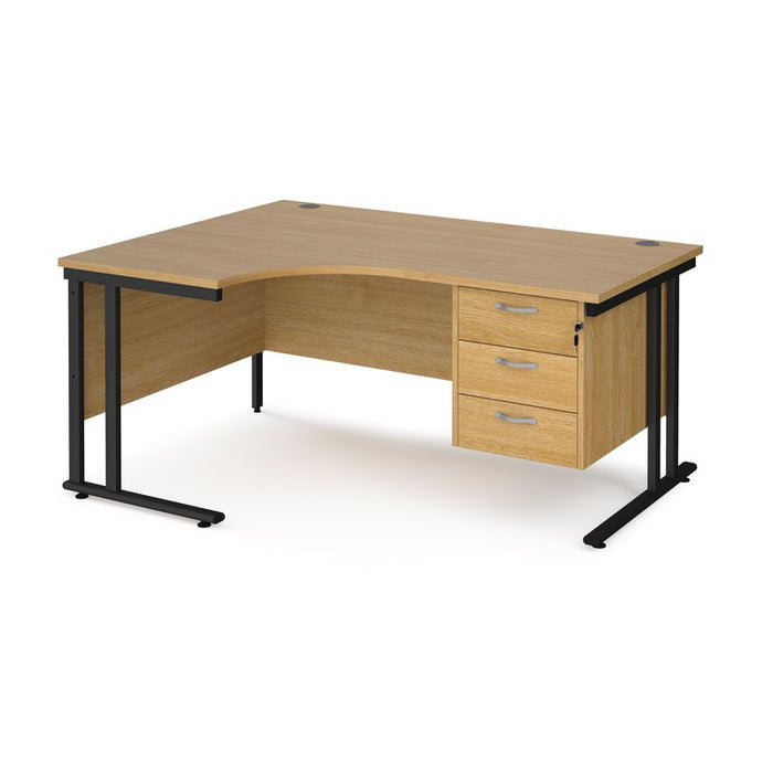 Maestro 25 left hand ergonomic corner desk with 3 drawer pedestal Desking Dams Oak Black 1600mm x 1200mm
