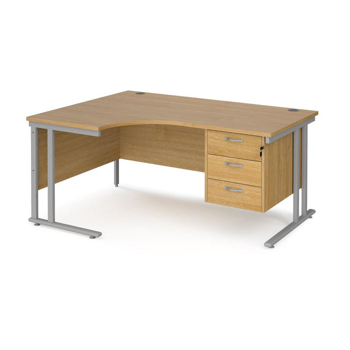 Maestro 25 left hand ergonomic corner desk with 3 drawer pedestal Desking Dams Oak Silver 1600mm x 1200mm