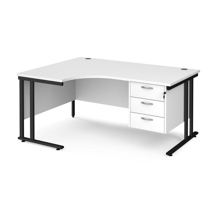 Maestro 25 left hand ergonomic corner desk with 3 drawer pedestal Desking Dams White Black 1600mm x 1200mm