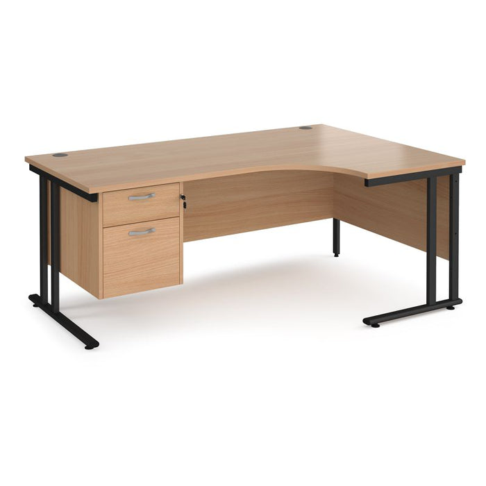 Maestro 25 right hand ergonomic corner desk with 2 drawer pedestal Desking Dams Beech Black 1800mm x 1200mm