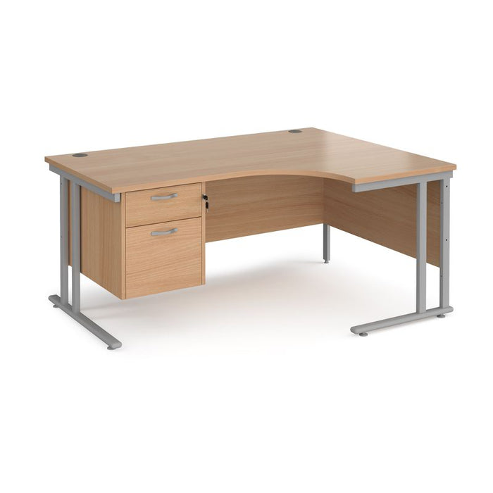 Maestro 25 right hand ergonomic corner desk with 2 drawer pedestal Desking Dams Beech Silver 1600mm x 1200mm