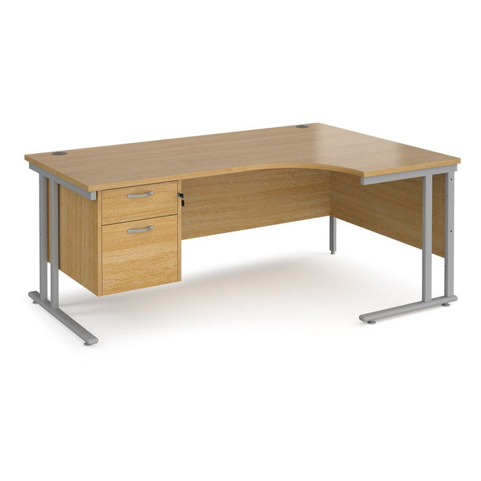 Maestro 25 right hand ergonomic corner desk with 2 drawer pedestal Desking Dams Oak Silver 1800mm x 1200mm