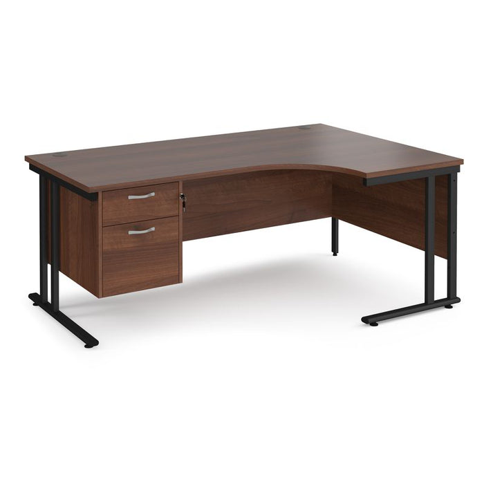 Maestro 25 right hand ergonomic corner desk with 2 drawer pedestal Desking Dams Walnut Black 1800mm x 1200mm