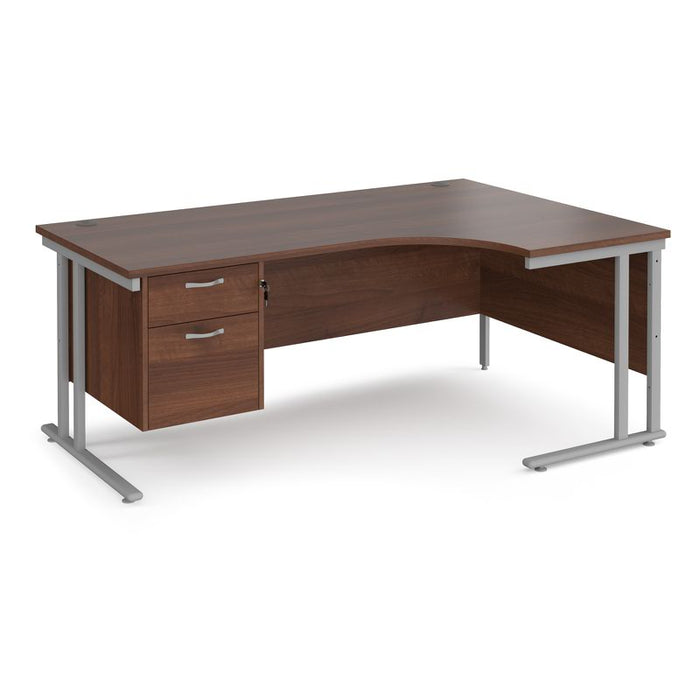Maestro 25 right hand ergonomic corner desk with 2 drawer pedestal Desking Dams Walnut Silver 1800mm x 1200mm