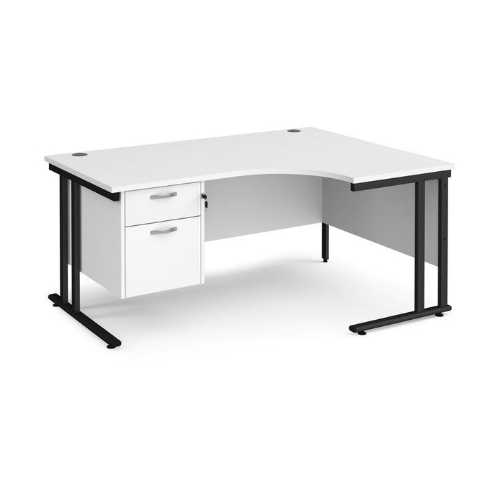 Maestro 25 right hand ergonomic corner desk with 2 drawer pedestal Desking Dams White Black 1600mm x 1200mm
