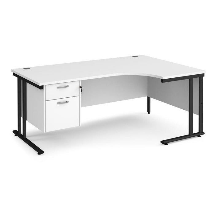 Maestro 25 right hand ergonomic corner desk with 2 drawer pedestal Desking Dams White Black 1800mm x 1200mm