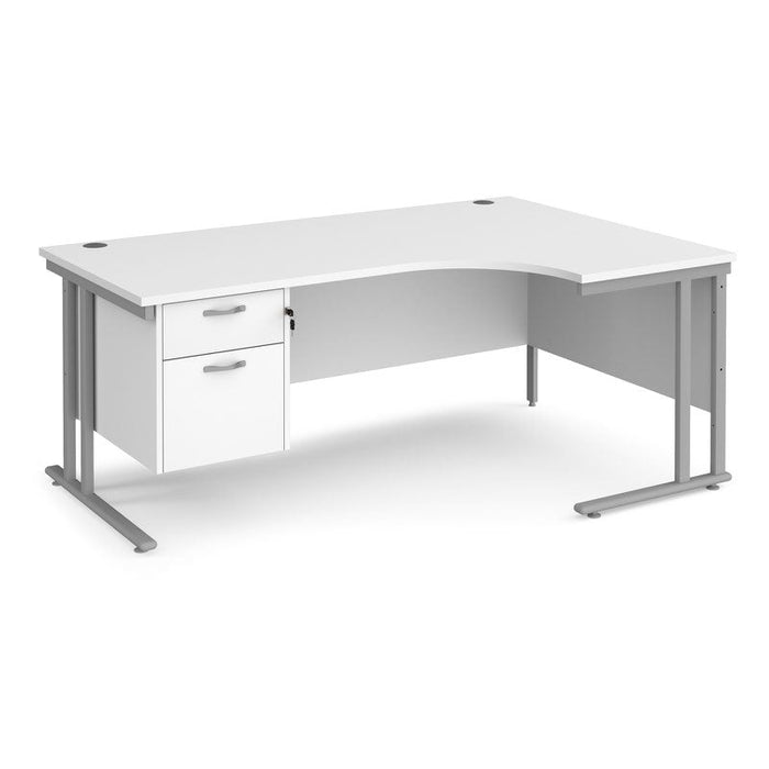 Maestro 25 right hand ergonomic corner desk with 2 drawer pedestal Desking Dams White Silver 1800mm x 1200mm