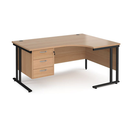 Maestro 25 right hand ergonomic corner desk with 3 drawer pedestal Desking Dams Beech Black 1600mm x 1200mm