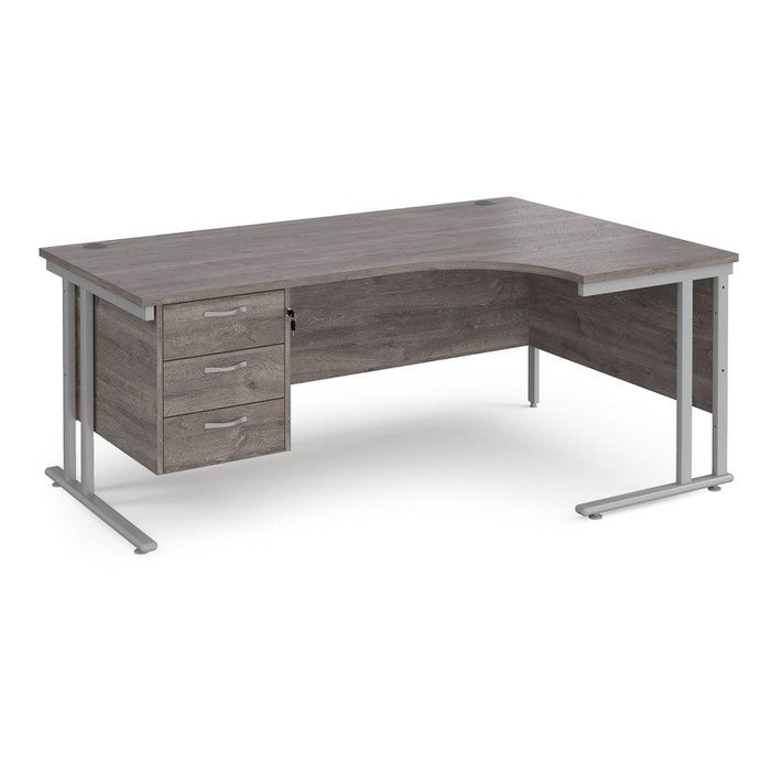 Maestro 25 right hand ergonomic corner desk with 3 drawer pedestal Desking Dams Grey Oak Silver 1800mm x 1200mm