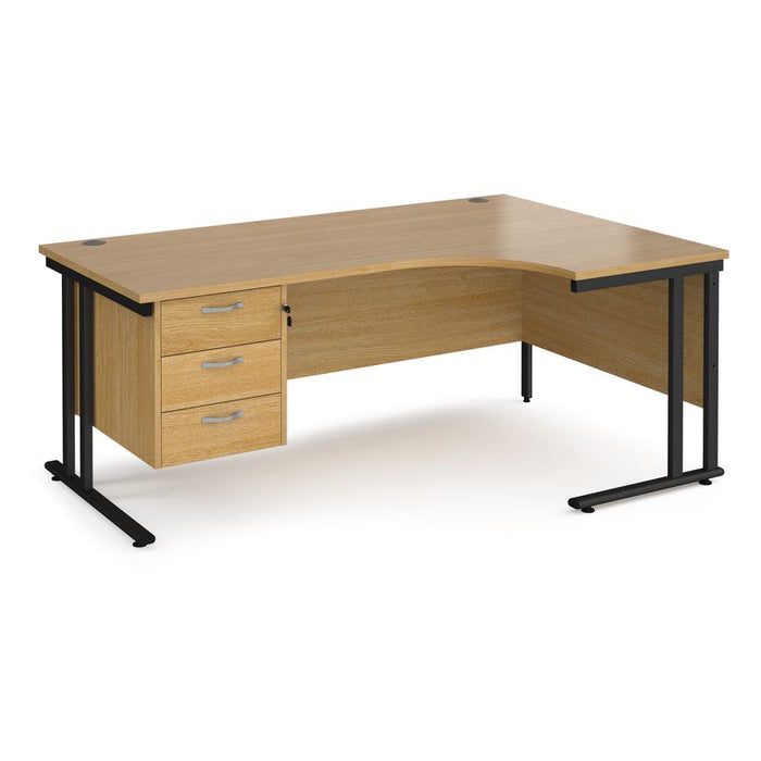 Maestro 25 right hand ergonomic corner desk with 3 drawer pedestal Desking Dams Oak Black 1800mm x 1200mm