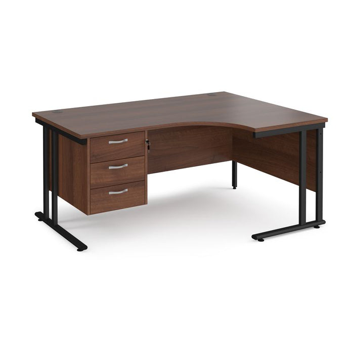 Maestro 25 right hand ergonomic corner desk with 3 drawer pedestal Desking Dams Walnut Black 1600mm x 1200mm