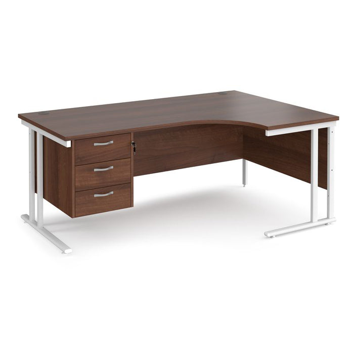 Maestro 25 right hand ergonomic corner desk with 3 drawer pedestal Desking Dams Walnut White 1800mm x 1200mm