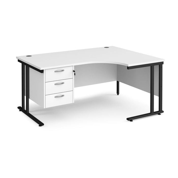 Maestro 25 right hand ergonomic corner desk with 3 drawer pedestal Desking Dams White Black 1600mm x 1200mm