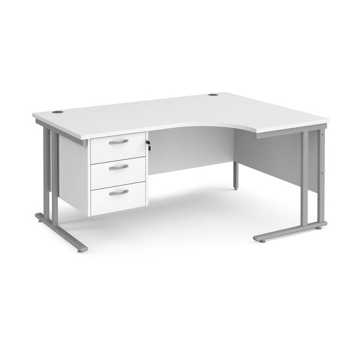 Maestro 25 right hand ergonomic corner desk with 3 drawer pedestal Desking Dams White Silver 1600mm x 1200mm