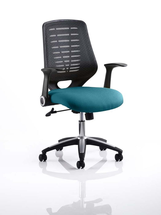 Relay Task Operator Chair Task and Operator Dynamic Office Solutions Black Bespoke Maringa Teal With Folding Arms