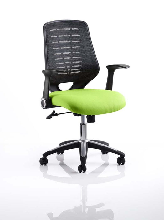 Relay Task Operator Chair Task and Operator Dynamic Office Solutions Black Bespoke Myrrh Green With Folding Arms
