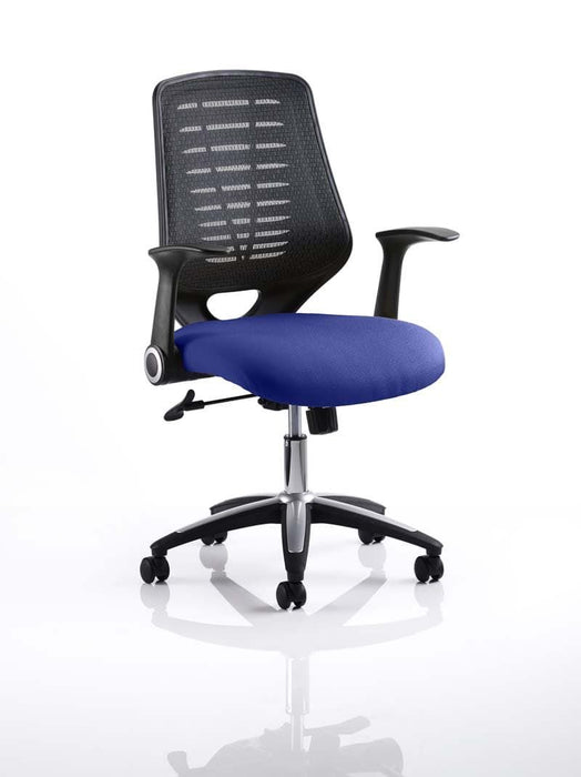 Relay Task Operator Chair Task and Operator Dynamic Office Solutions Black Bespoke Stevia Blue With Folding Arms