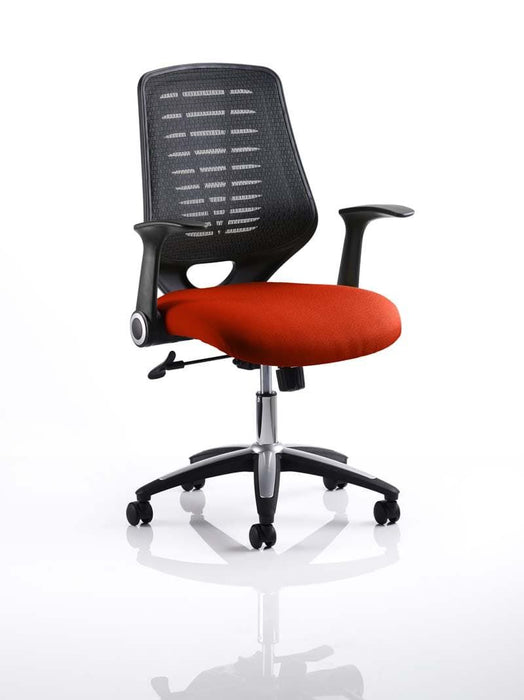 Relay Task Operator Chair Task and Operator Dynamic Office Solutions Black Bespoke Tabasco Orange With Folding Arms