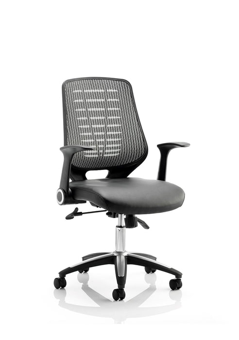Relay Task Operator Chair Task and Operator Dynamic Office Solutions Silver Black Leather With Folding Arms