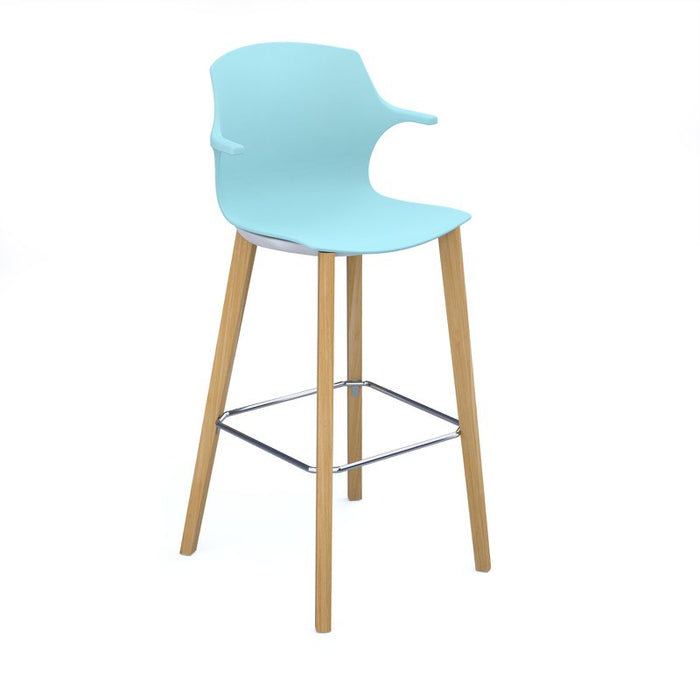 Roscoe high stool with natural oak legs and plastic shell with arms Seating Dams Ice Blue 