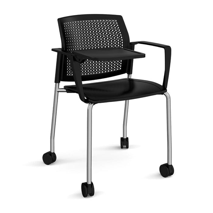 Santana 4 leg mobile chair with plastic seat and perforated back, with arms and writing tablet Seating Families Dams Black Chrome 