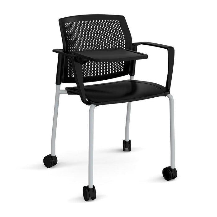 Santana 4 leg mobile chair with plastic seat and perforated back, with arms and writing tablet Seating Families Dams Black Grey 