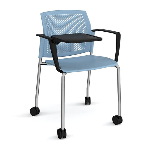 Santana 4 leg mobile chair with plastic seat and perforated back, with arms and writing tablet Seating Families Dams Blue Chrome 