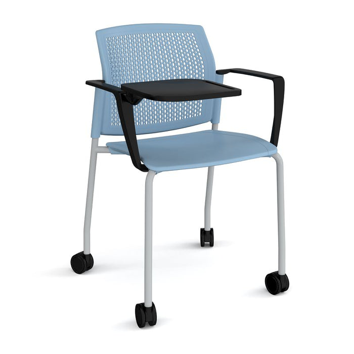Santana 4 leg mobile chair with plastic seat and perforated back, with arms and writing tablet Seating Families Dams Blue Grey 