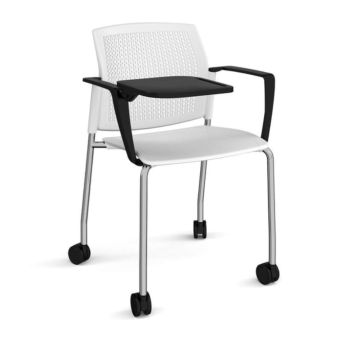 Santana 4 leg mobile chair with plastic seat and perforated back, with arms and writing tablet Seating Families Dams White Chrome 