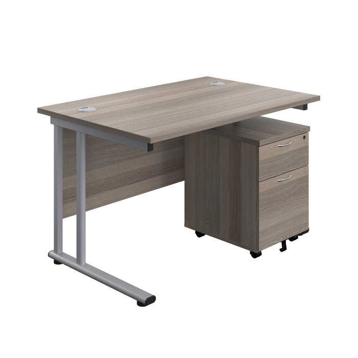 Start Next Day Delivery Cantilever Desk & Two Drawer Pedestal Bundle Grey Oak Rectangular Office Desks TC Group Grey Oak 1200mm x 800mm Silver