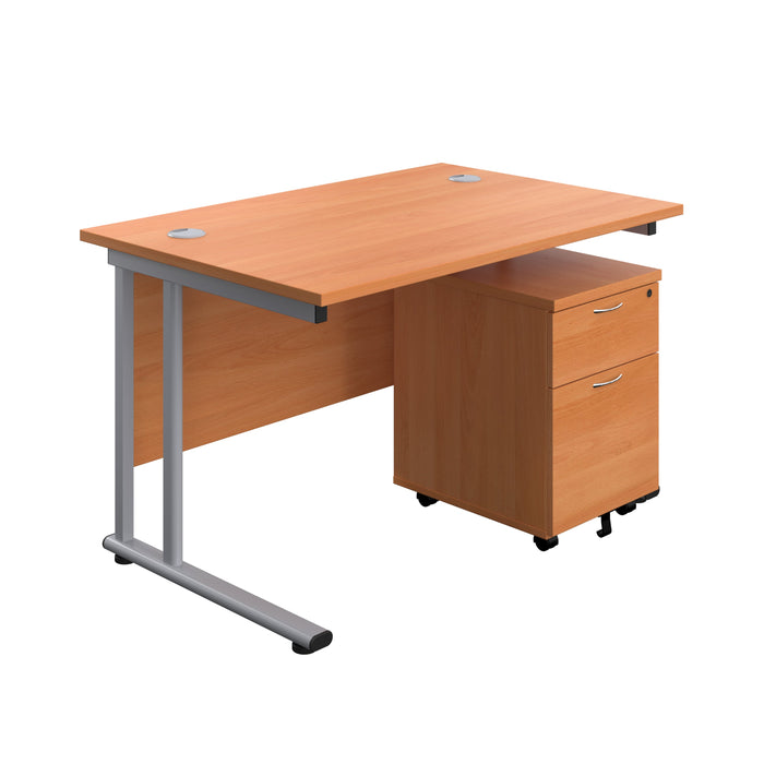 Start Next Day Delivery Cantilever Desk & Two Drawer Pedestal Bundle Rectangular Office Desks TC Group Beech 1200mm x 800mm Silver