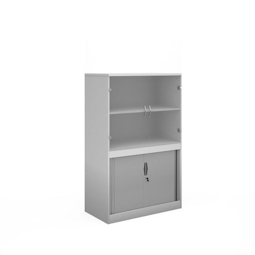 Systems combination unit with tambour doors and glass upper doors 1600mm high with 2 shelves Wooden Storage Dams White 