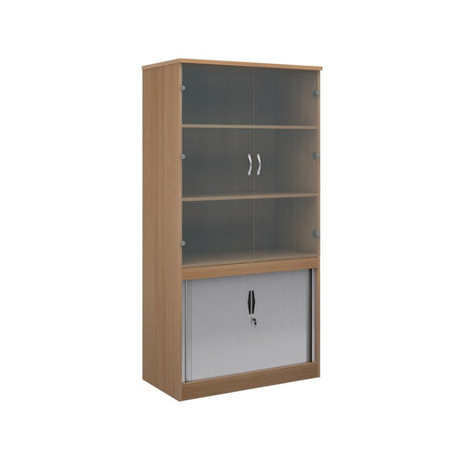 Systems combination unit with tambour doors and glass upper doors 2000mm high with 2 shelves Wooden Storage Dams Beech 