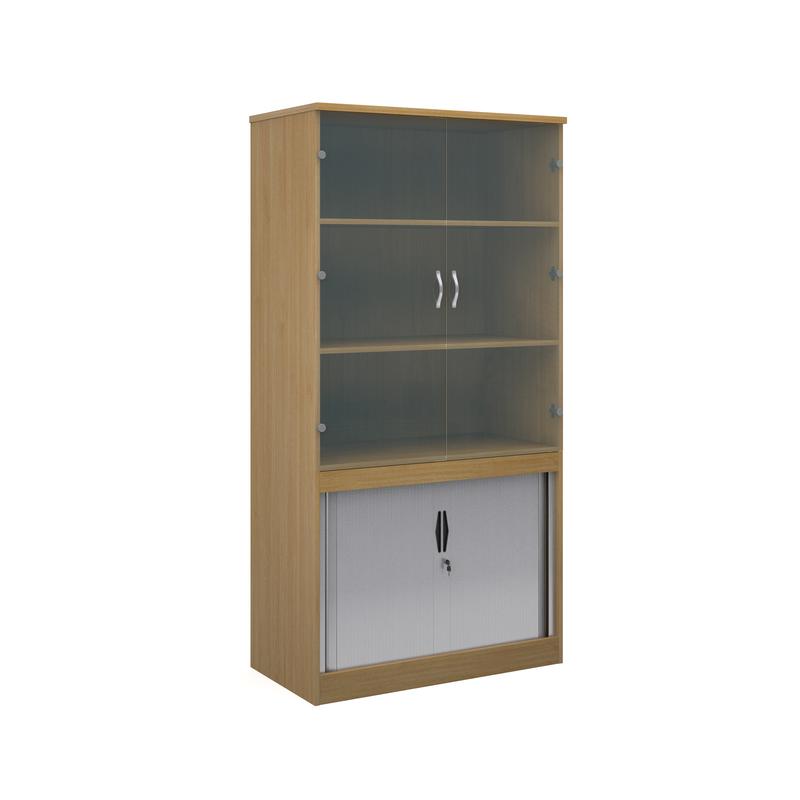 Systems combination unit with tambour doors and glass upper doors 2000mm high with 2 shelves Wooden Storage Dams Oak 