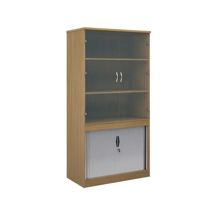Systems combination unit with tambour doors and glass upper doors 2000mm high with 2 shelves Wooden Storage Dams Oak 