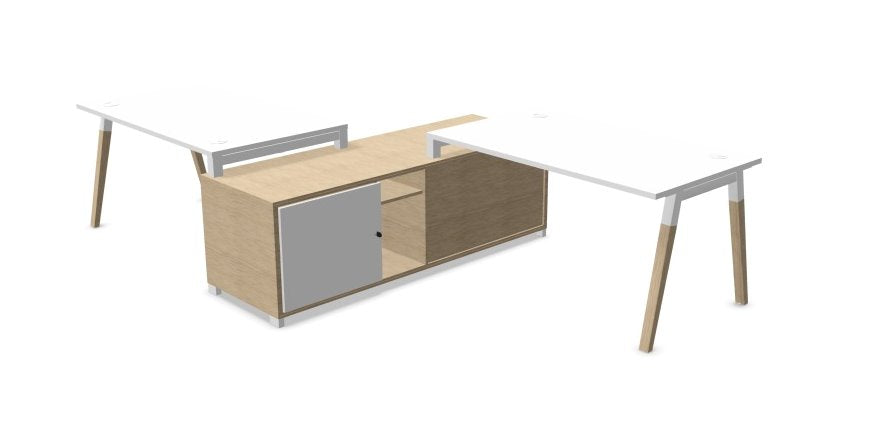 Two Dialogue Desks with Storage Desking Buronomic H720 D1800 L3200mm Hinged Door White/Bleached Oak